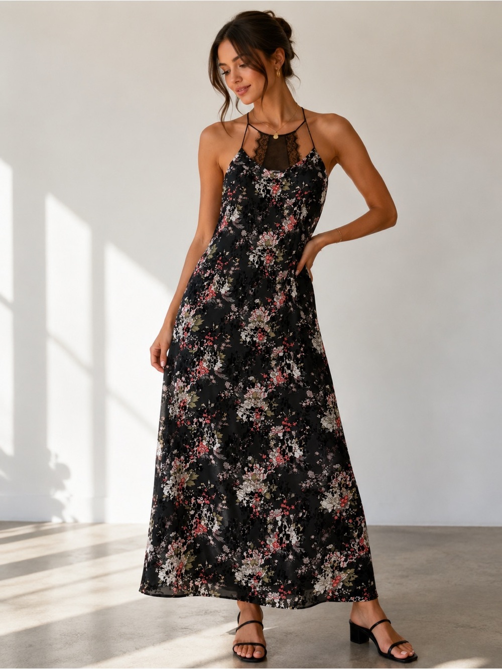 Sugar + Lips Floral Maxi Dress XS Lace Back Fully Lined Sleeveless‎